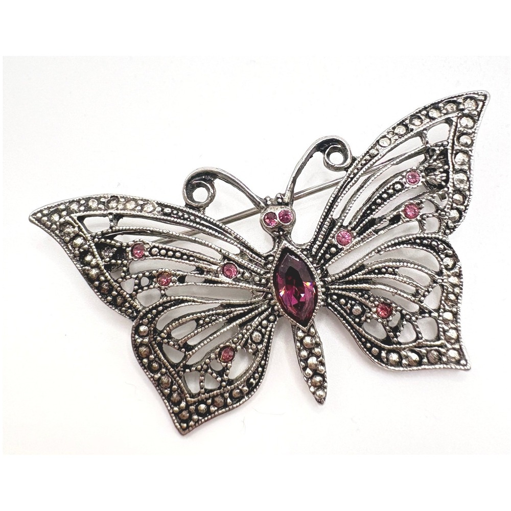 VTG Signed LIA Butterfly Brooch Pink Rhinestones Faux Marcasite Silver Tone
